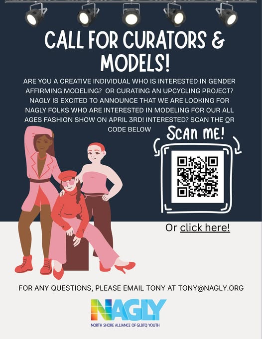 A vibrant flyer invites Essex County to join our all-ages Gender-Affirming Fashion Show on April 3rd, with three lively illustrated people, a QR code, contact info, and the NAGLY logo connecting our creative community.