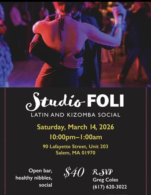 A lively Studio Foli Latin and Kizomba Social flyer, uniting Essex County’s creative small businesses and vibrant dance community.