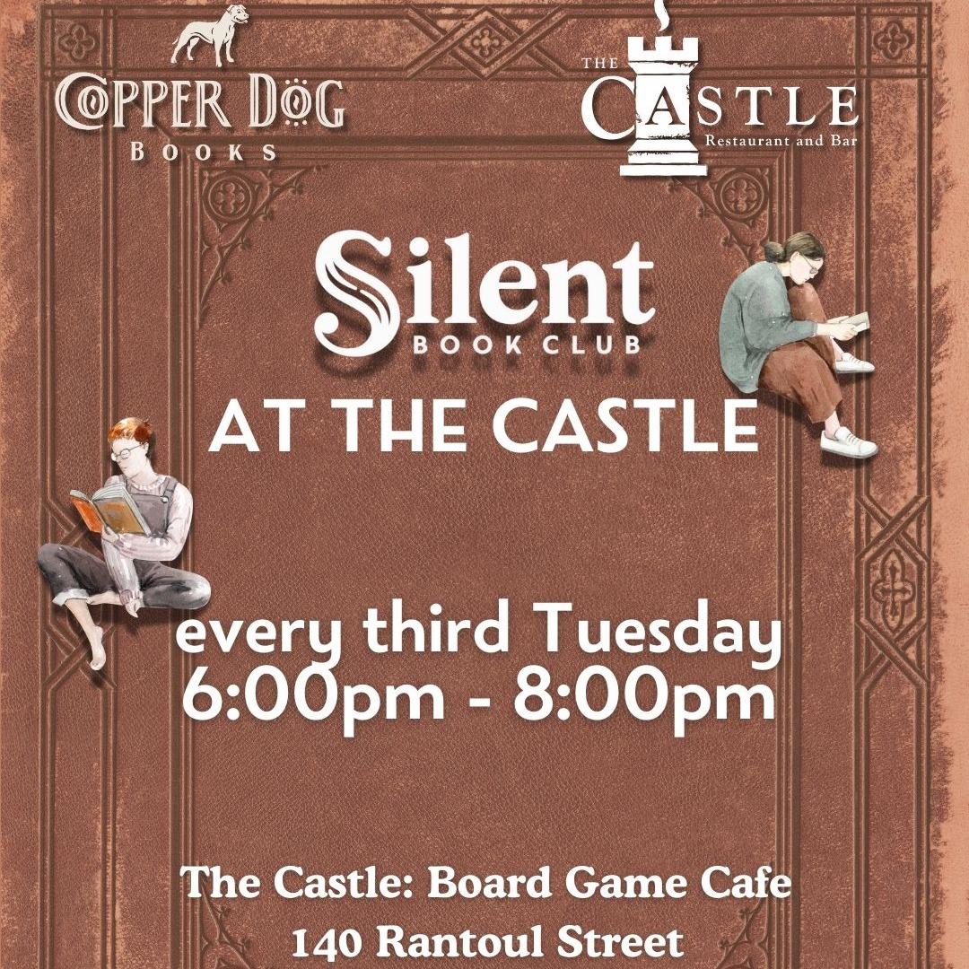 Colorful Silent Book Club poster at The Castle invites our Essex County community to connect and create together, every third Tuesday. Two lively illustrated readers enjoy a cozy, inspiring space at The Castle Board Game Cafe, 140 Rantoul Street.