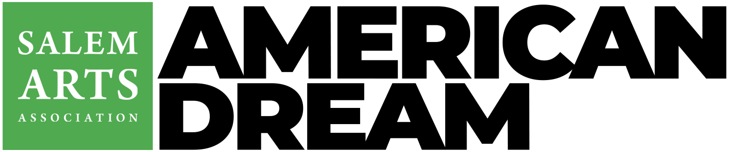 Logo with a green square on the left reading “Salem Arts Association,” and large black text on the right reading “American Dream” announces a Call for Art, all displayed on a white background.