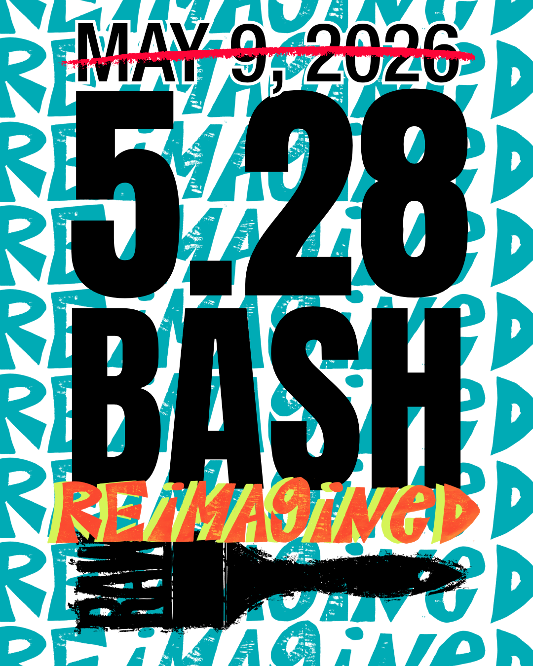 Electric "5.28 Bash" pops over a lively turquoise "REIMAGINE" pattern, with vibrant "REIMAGINED," rallying Essex County’s creative spirit.
