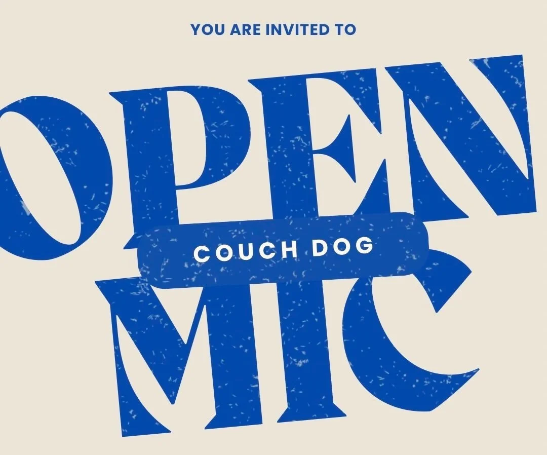 A lively invitation with bold blue "OPEN MIC" text and a blue "COUCH DOG" banner sparks Essex County’s creative community spirit.