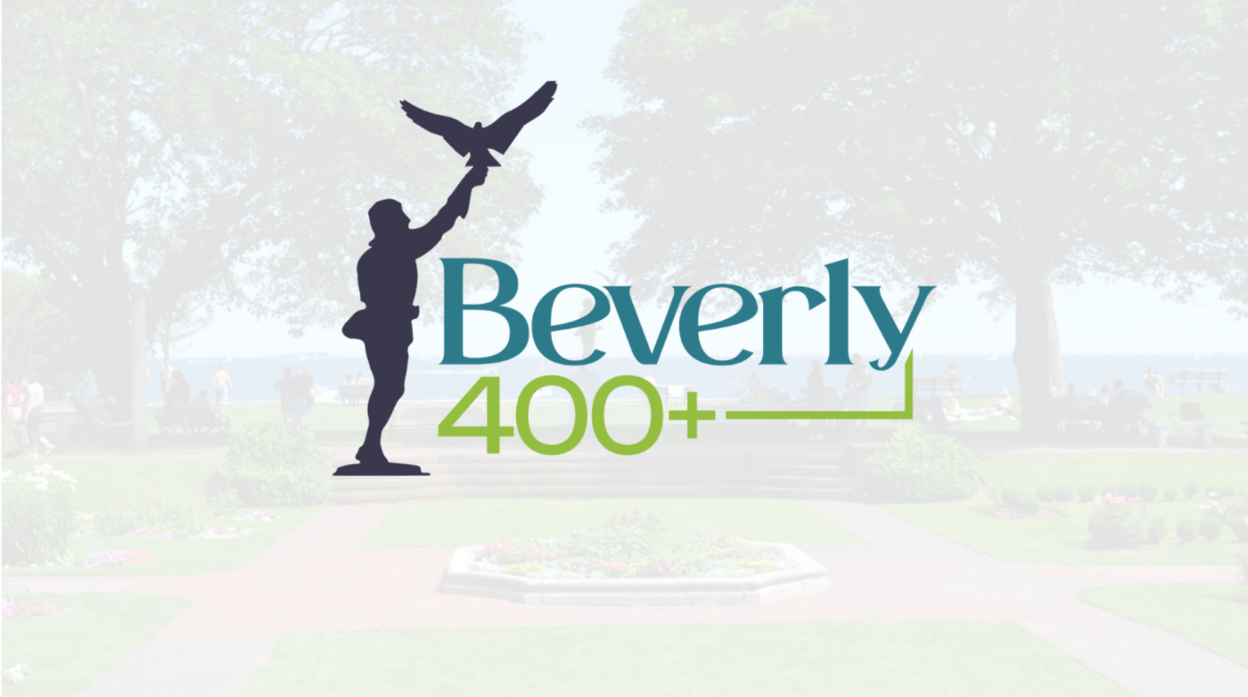 A vibrant logo with a person lifting a bird and "Beverly 400+" text shines over a lively Essex County park full of community events.
