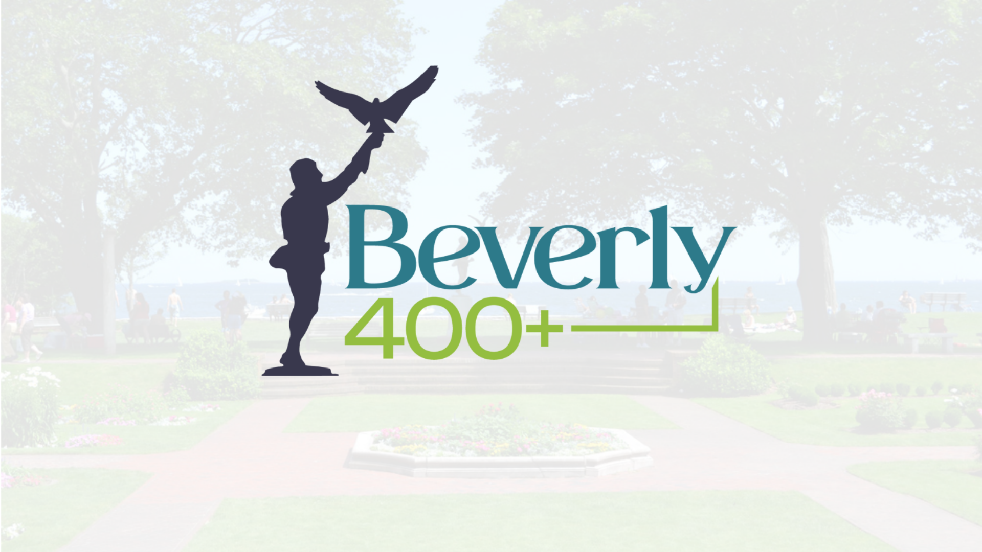 A vibrant logo with a person lifting a bird and "Beverly 400+" text shines over a lively Essex County park full of community events.