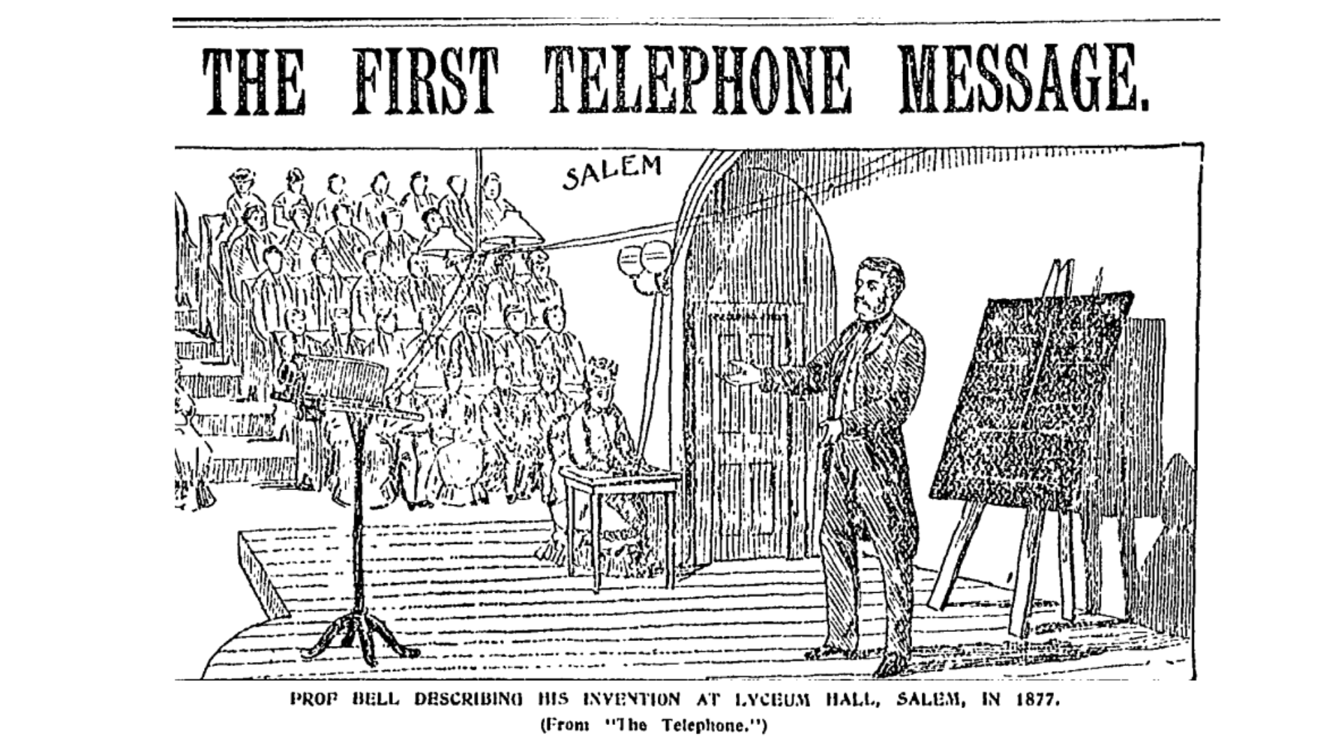 Lively black-and-white drawing of Prof. Bell energizing a crowd in Salem, sparking innovation across North Shore’s small business hub.