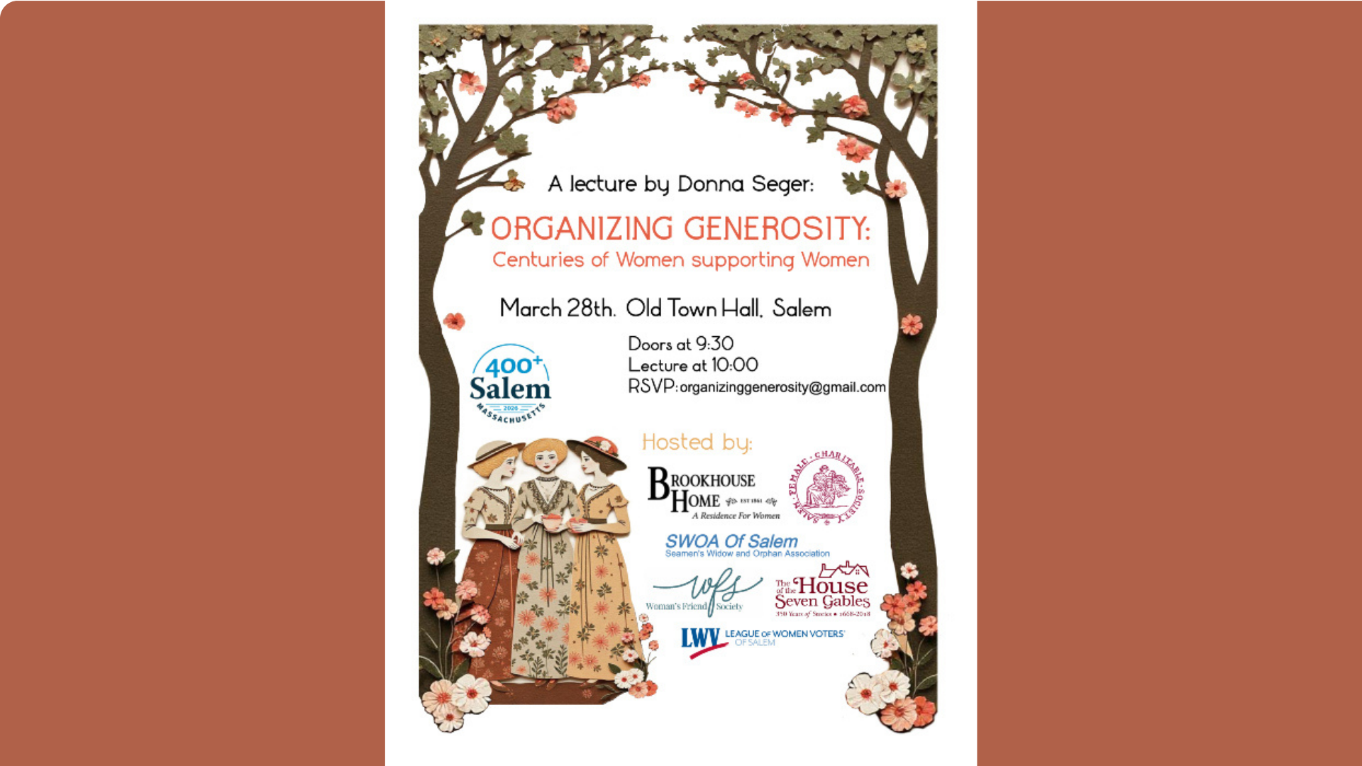 Vibrant poster for Donna Seeger's "Organizing Generosity," celebrating Salem women’s groups and history, March 28 at Old Town Hall. Two women in period dress radiate community spirit amid lively floral designs—Essex County united!.