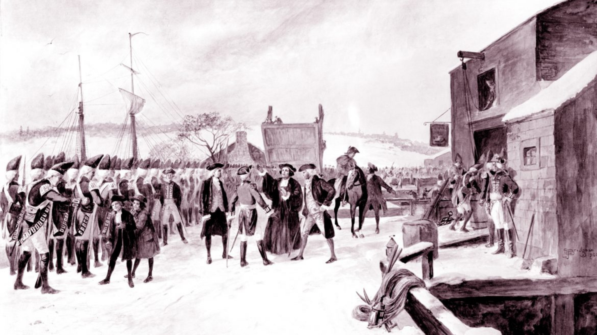 Lively 18th-century soldiers gather at a snowy dock, connecting community to Salem’s maritime roots and Essex County’s vibrant legacy.