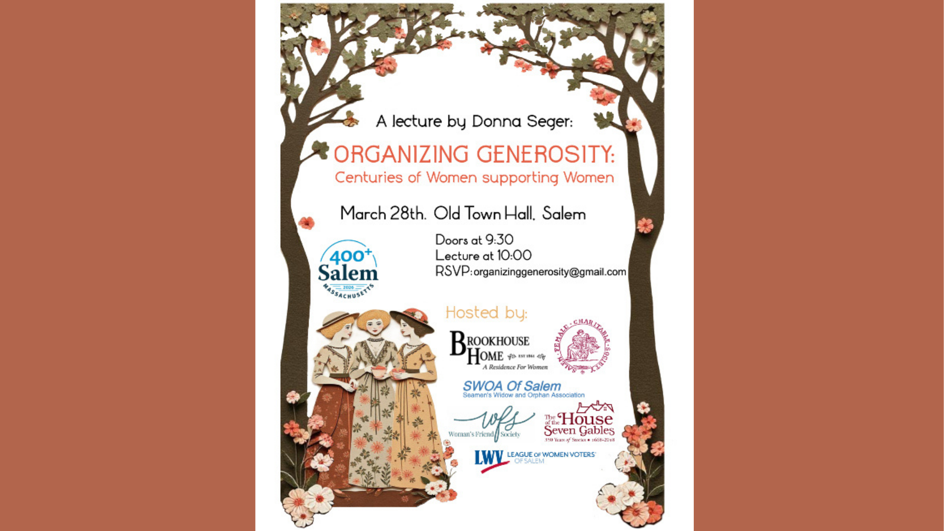 Colorful flyer inviting the community to Donna Seger’s “Organizing Generosity” talk, spotlighting women’s creative impact on Essex County.