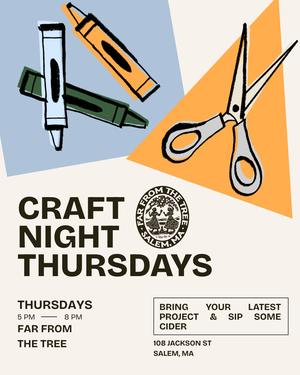 Vibrant flyer with markers and scissors, inviting Essex County creatives to Craft Night Thursdays in Salem—make art, sip cider, connect!.