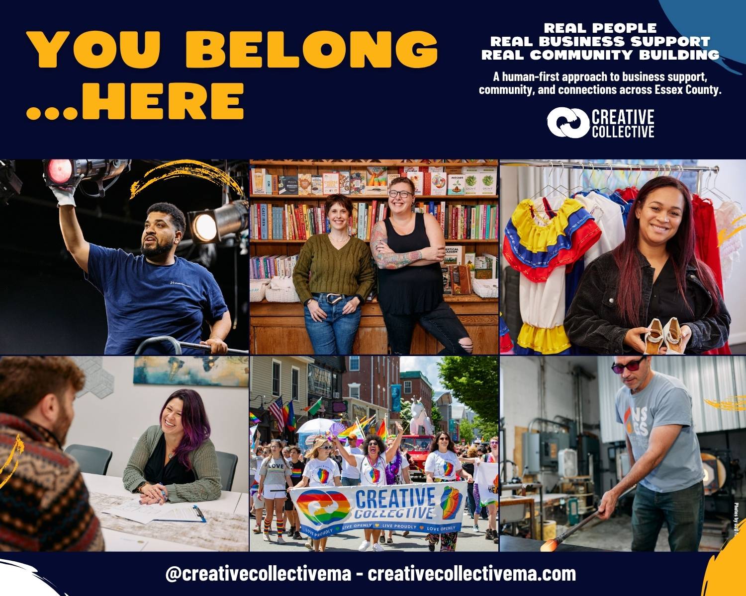 A collage features diverse people smiling and working, a parade banner reading “Creative Collective,” and bold text stating “You Belong Here.” Additional text highlights business support and community in Essex County.