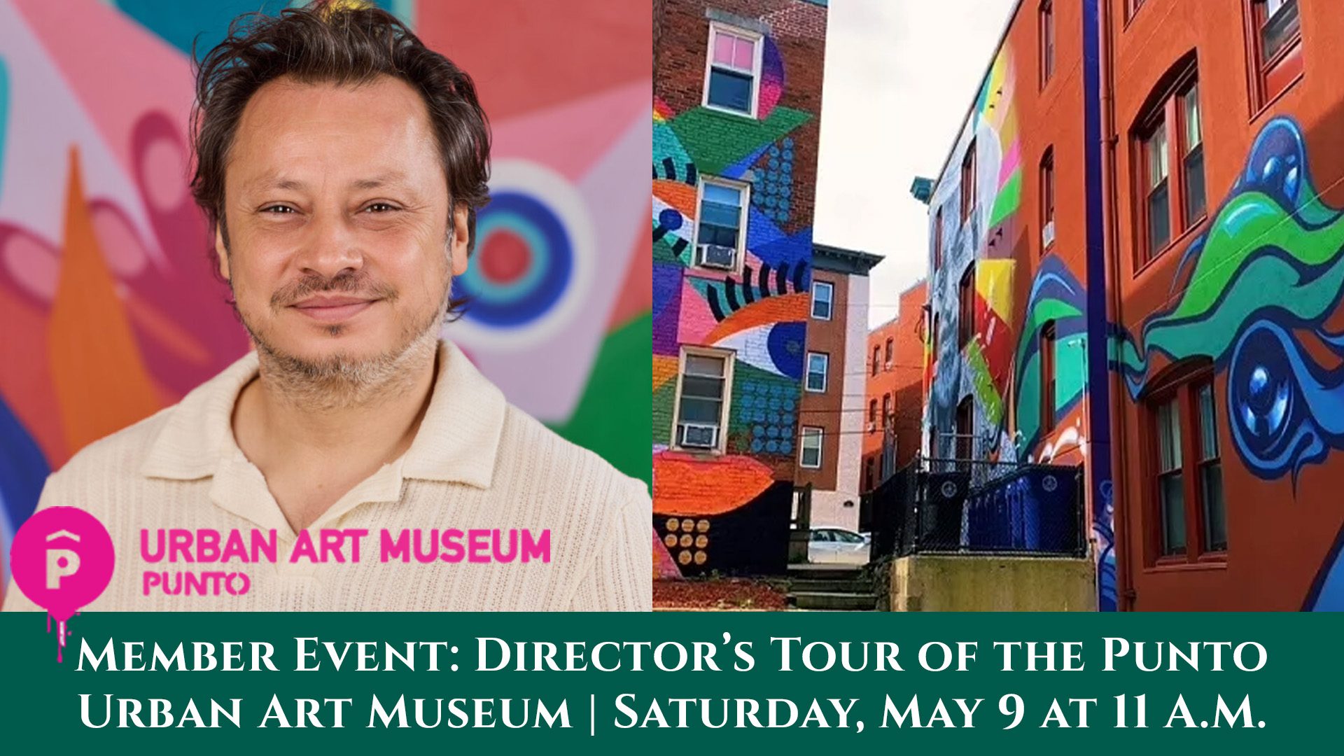A smiling man stands by vibrant murals on brick buildings, celebrating Essex County’s creative spirit. Join the Director's Tour at Punto Urban Art Museum, Sat, May 9, 11 a.m.