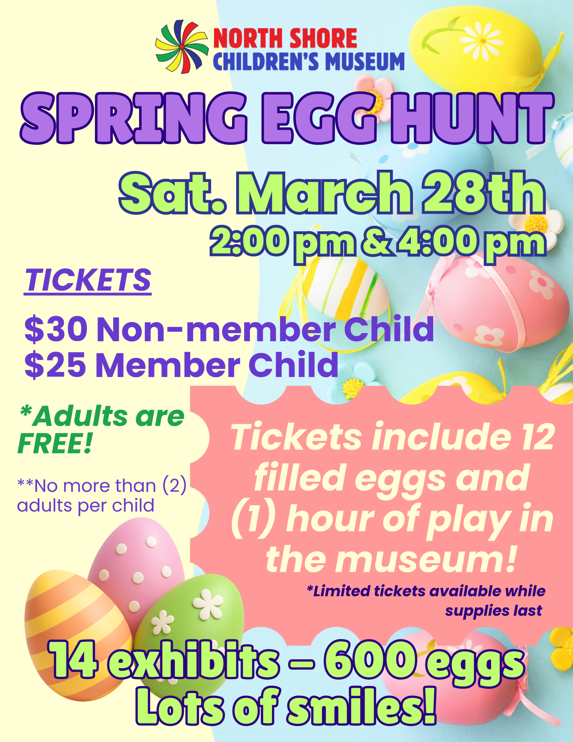 Vibrant flyer for North Shore Children’s Museum Spring Egg Hunt, March 28, with festive eggs, event details, and Essex County spirit.