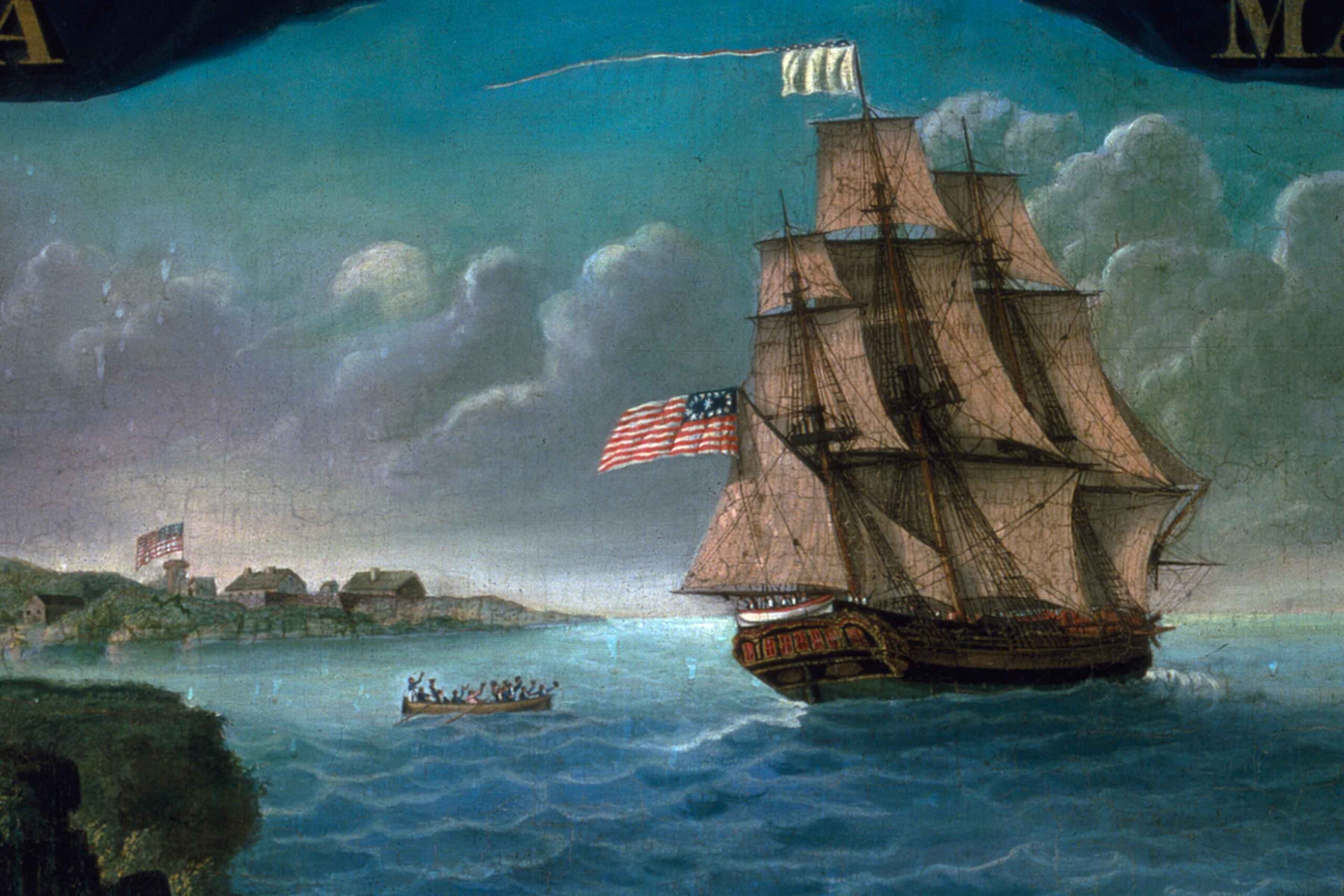 A proud sailing ship with the American flag approaches vibrant Essex County, as a lively rowboat and welcoming community await ashore.