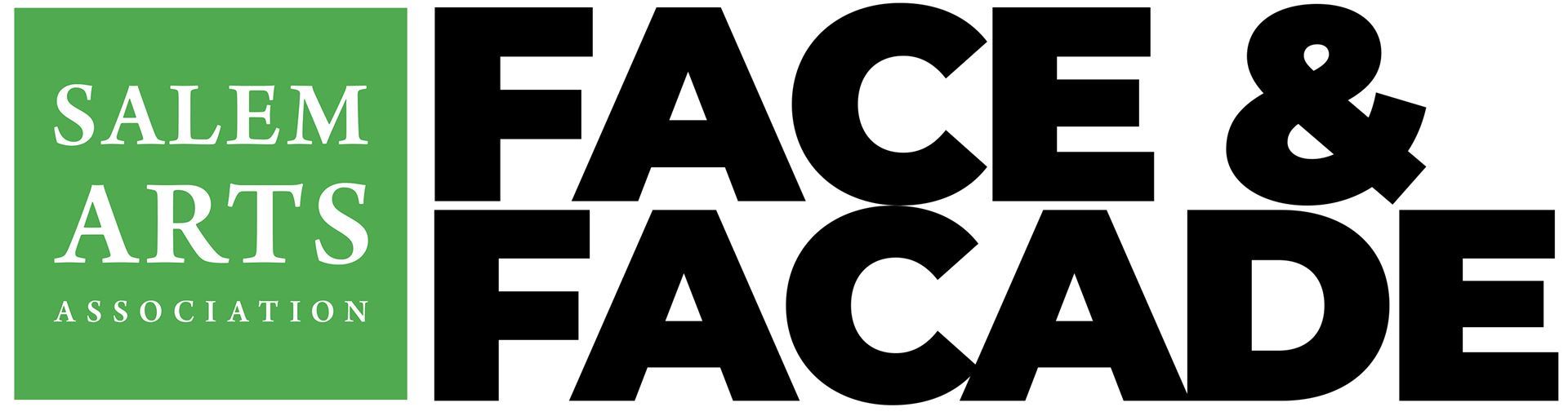 Logo with a green square on the left that reads "Salem Arts Association" and large bold black text on the right that says "Face & Facade," highlighting an art exhibit exploring portraits of the mind.