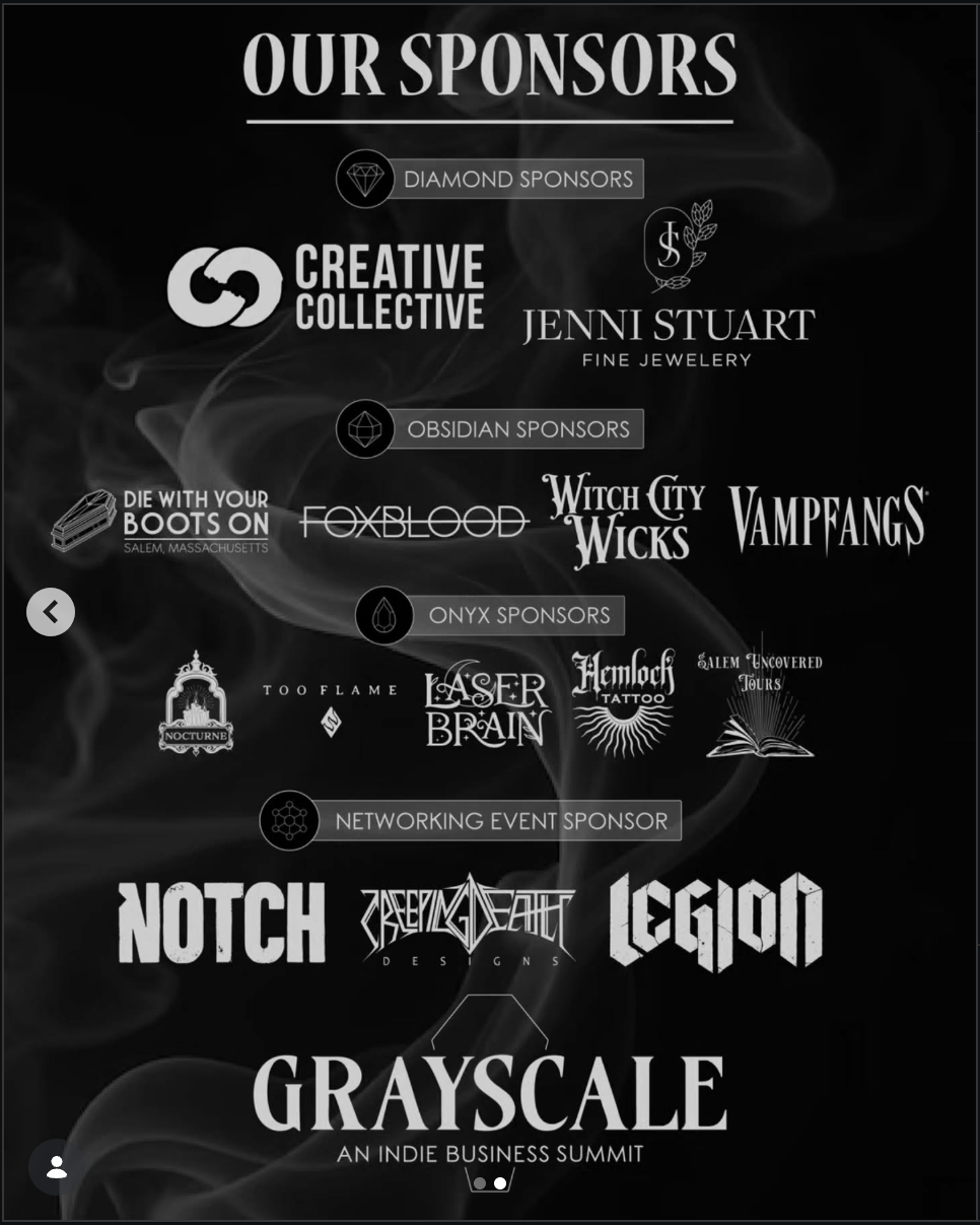 A dynamic grayscale graphic showcases local indie summit sponsors by tier, uniting Essex County's creative community under "GRAYSCALE.