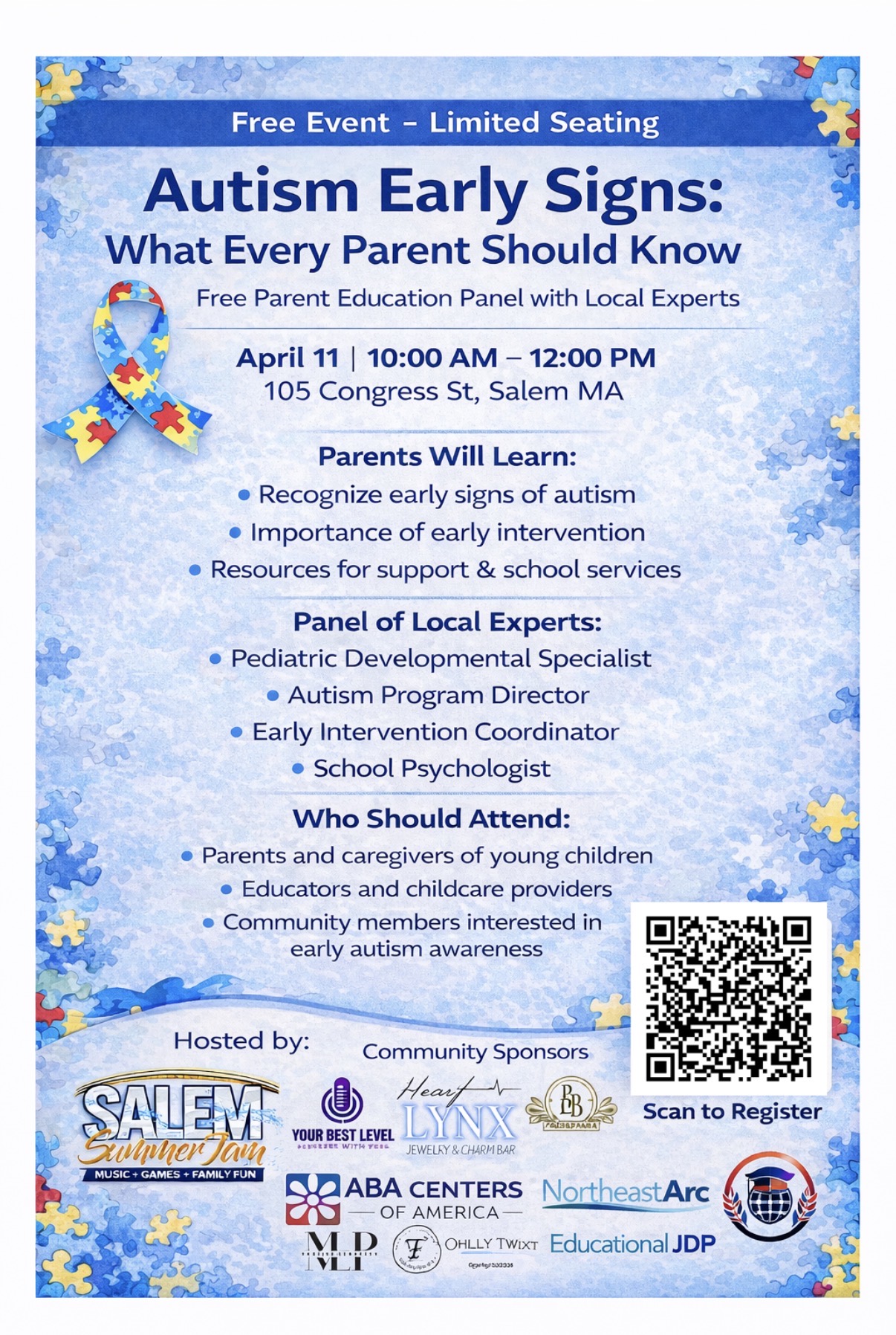 Colorful flyer for Salem's free Autism Awareness event—early signs workshop, April 11, with local speakers, sponsors, and QR code.