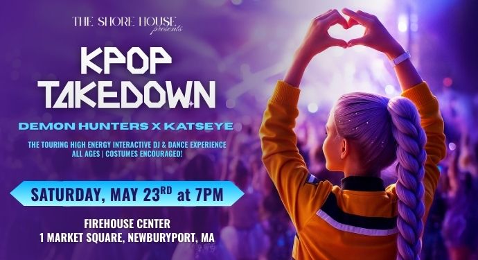 A person with a long blonde ponytail forms a heart shape with their hands at a concert. Text promotes a K-pop event on Saturday, May 23rd at 7 PM at Firehouse Center, Newburyport, MA, presented by The Shore House.