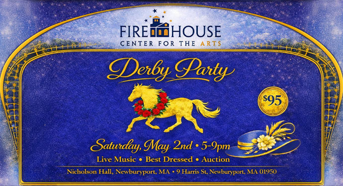 A blue and gold event flyer for the Firehouse Center for the Arts Derby Party shows a white horse with a red flower garland, event details, a ticket price of $95, and decorative elements, including flowers and music notes.