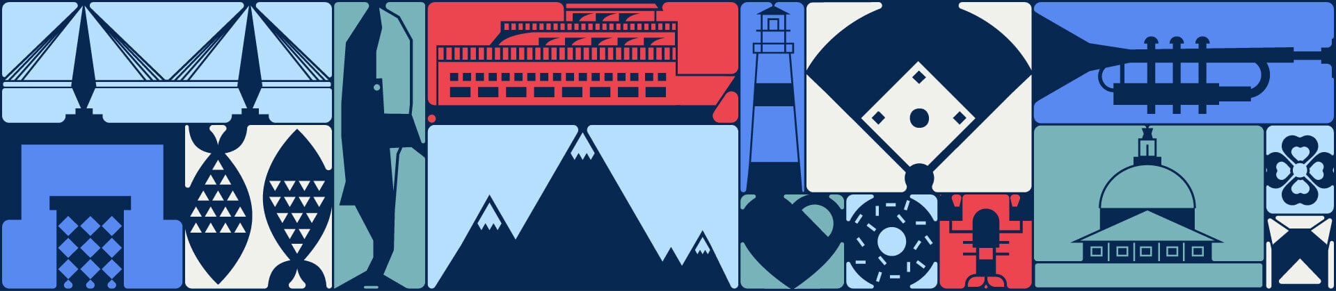A geometric illustration highlights Massachusetts tourism with landmarks and symbols—bridge, ferry, lighthouse, fish, mountains, baseball field, dome—all in blue, red, and gray. Perfect for promoting the Governor’s Conference or a travel conference.