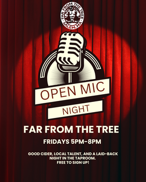Poster shows a glowing vintage mic on red curtains, inviting Essex County to vibrant Open Mic Nights—celebrating local talent, cider, and community.