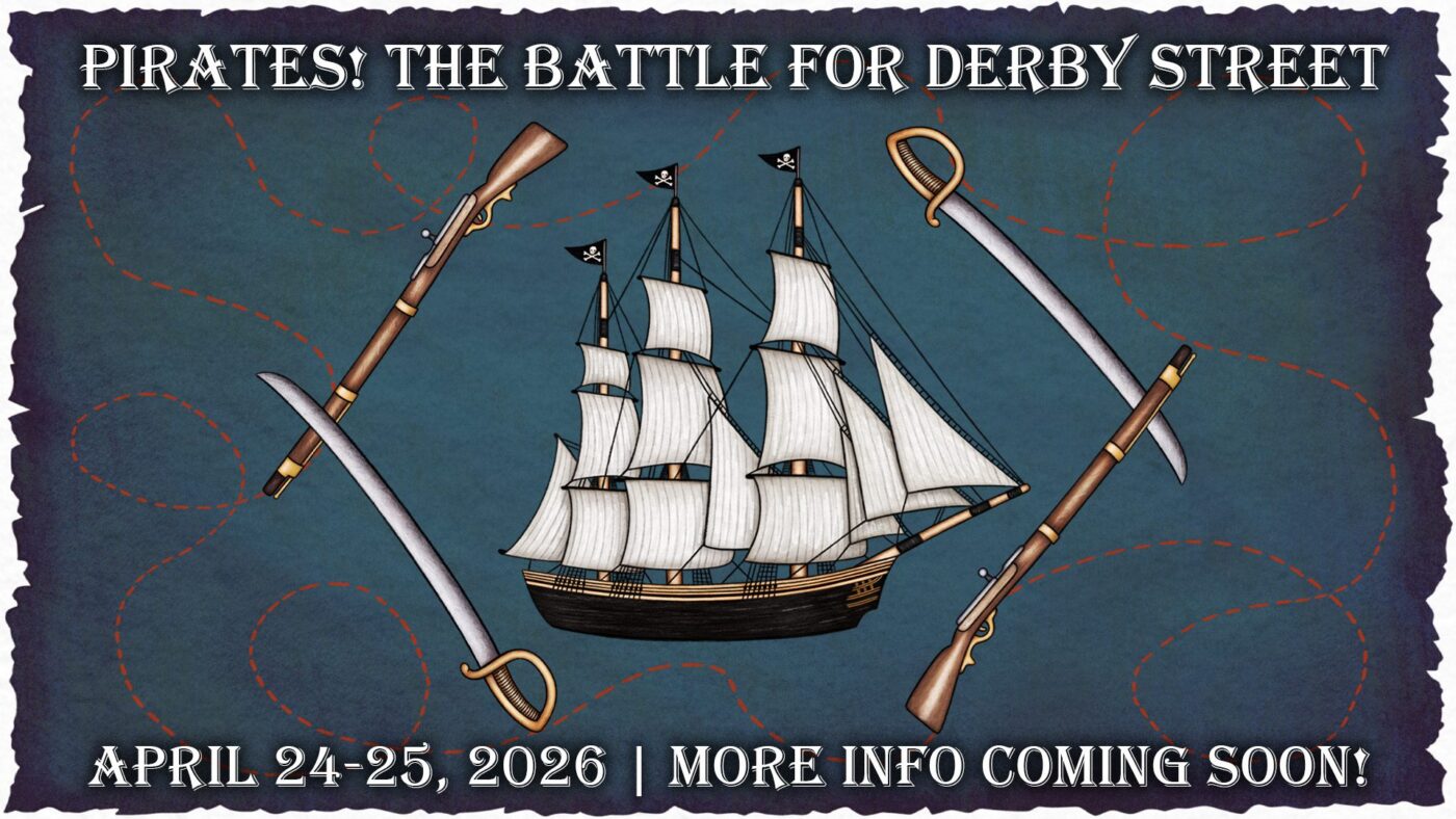 A lively poster for "Pirates! The Battle for Derby Street" bursts with local spirit, featuring a pirate ship, swords, and event dates in Essex County.