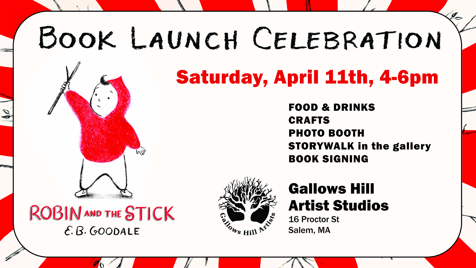 A vibrant flyer invites Essex County families to the lively launch party for "Robin and the Stick" at Gallows Hill Artists Studios.