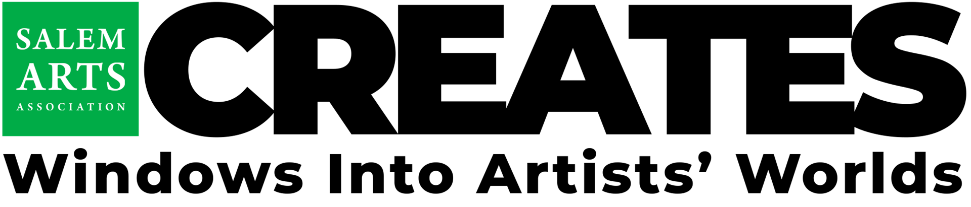 Vibrant logo: “SALEM ARTS ASSOCIATION” in green, bold “CREATES,” and “Windows Into Artists’ Worlds”—celebrating Essex County’s creative community.