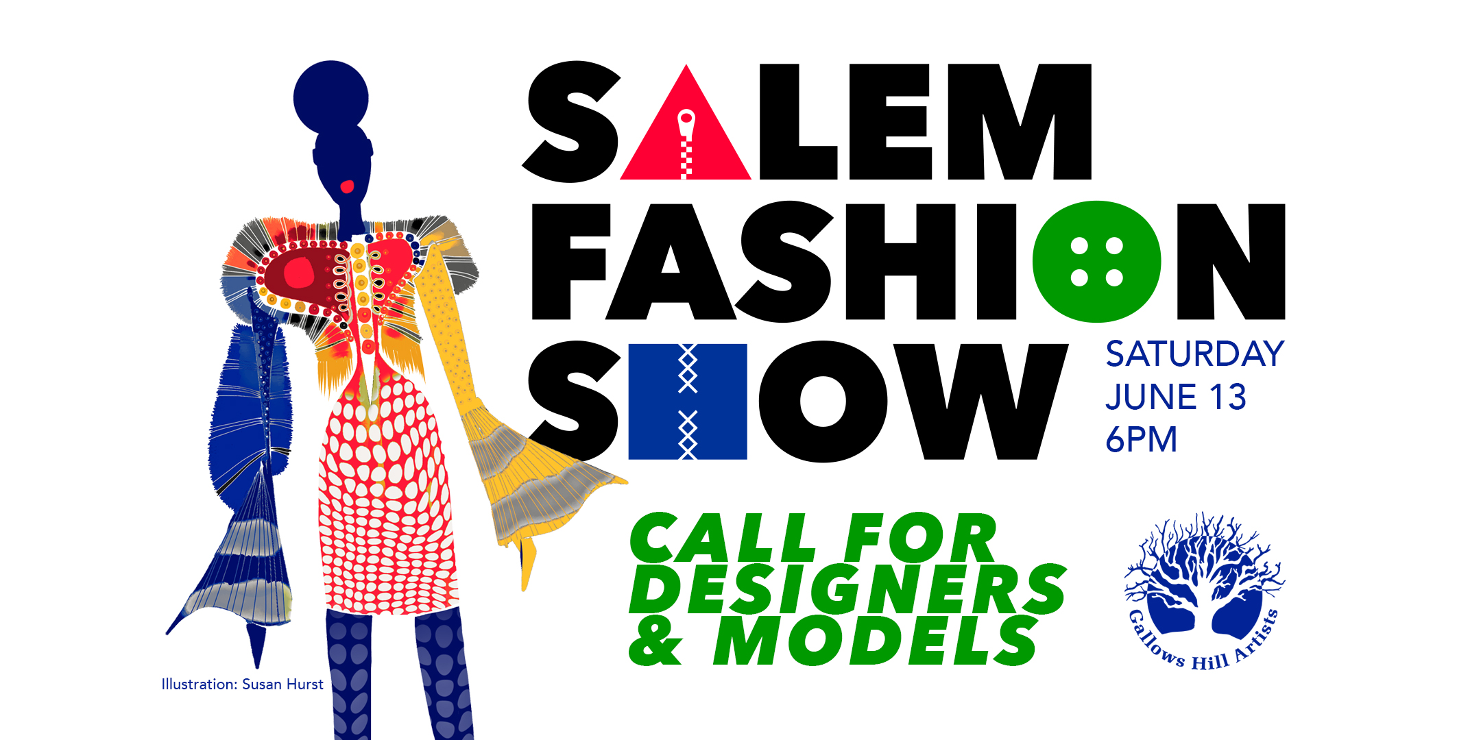 Vibrant Salem Fashion Show graphic for June 13, 6 PM, uniting Essex County creatives; model art and call for local designers/models. Creative Arts logo at bottom right.