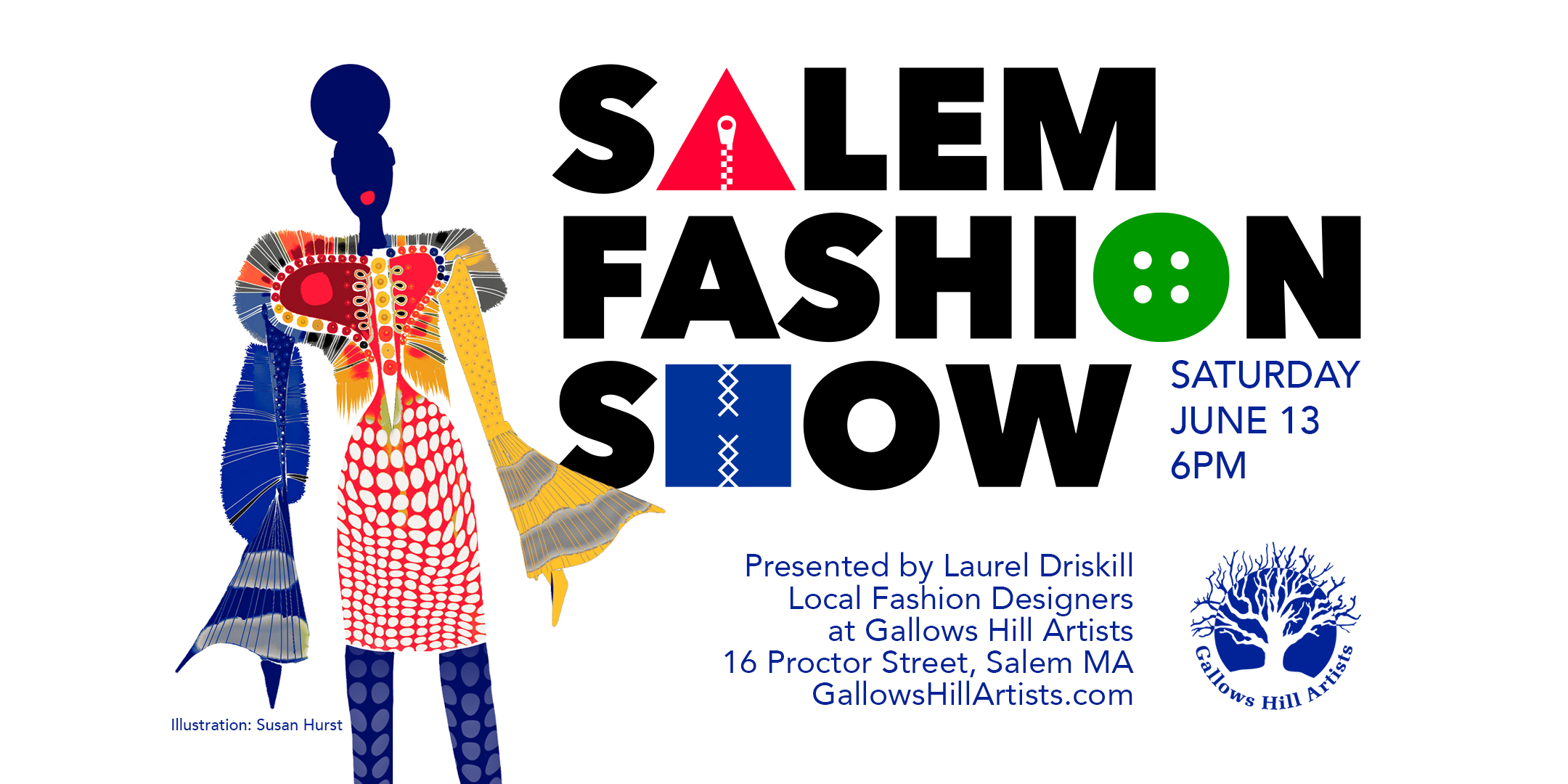 A vibrant Salem Fashion Show poster bursts with a creative sketch of a model in dynamic patterns, inviting Essex County locals to Gallows Hill.