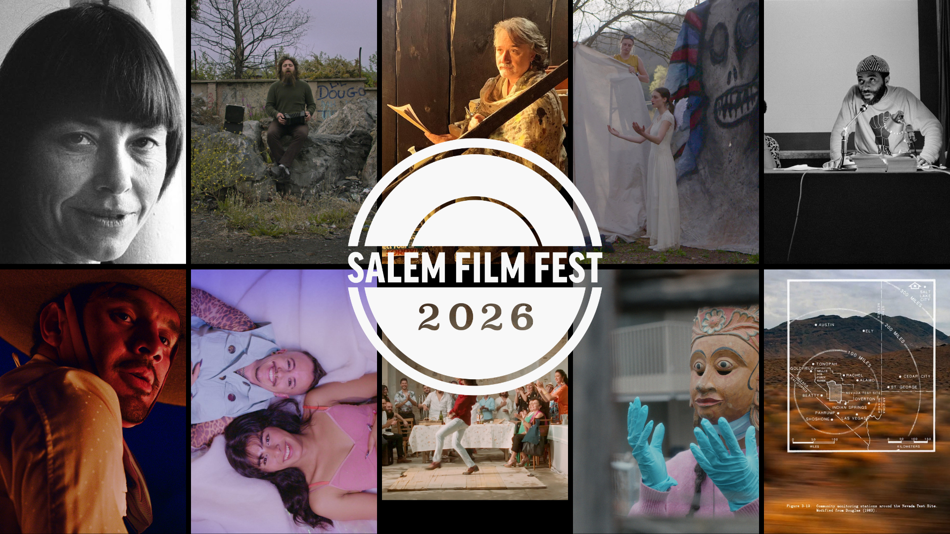 Vivid film stills and portraits of our diverse Essex County community radiate around the “Salem Film Fest 2026” logo, celebrating bold artistry and local spirit.