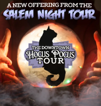 Hands present a glowing crystal ball with a bold black cat, spotlighting "The Downtown Hocus Pocus Tour"—a magical new Salem event uniting Essex County.