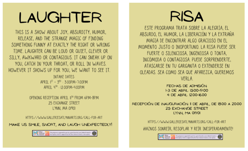 Two lively posters, “LAUGHTER” (English) and “RISA” (Spanish), invite Essex County to unite for joyful art and local creativity in Lynn, MA.