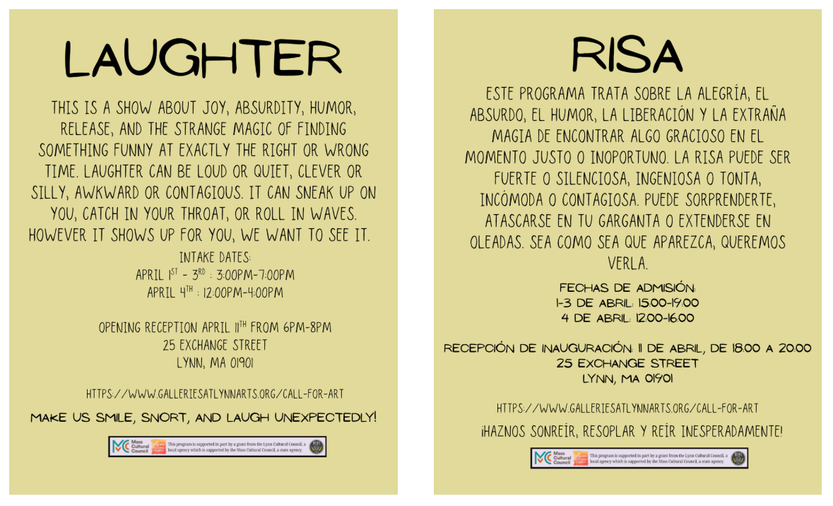 Two lively posters, “LAUGHTER” (English) and “RISA” (Spanish), invite Essex County to unite for joyful art and local creativity in Lynn, MA.