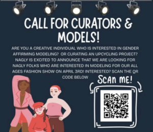 A dark blue poster announces “Call for Curators & Models!”—an open arts call in Essex County for a gender-affirming fashion show. Three illustrated people pose on the left; a large QR code with “Scan Me!” is on the right, inviting arts opportunities.