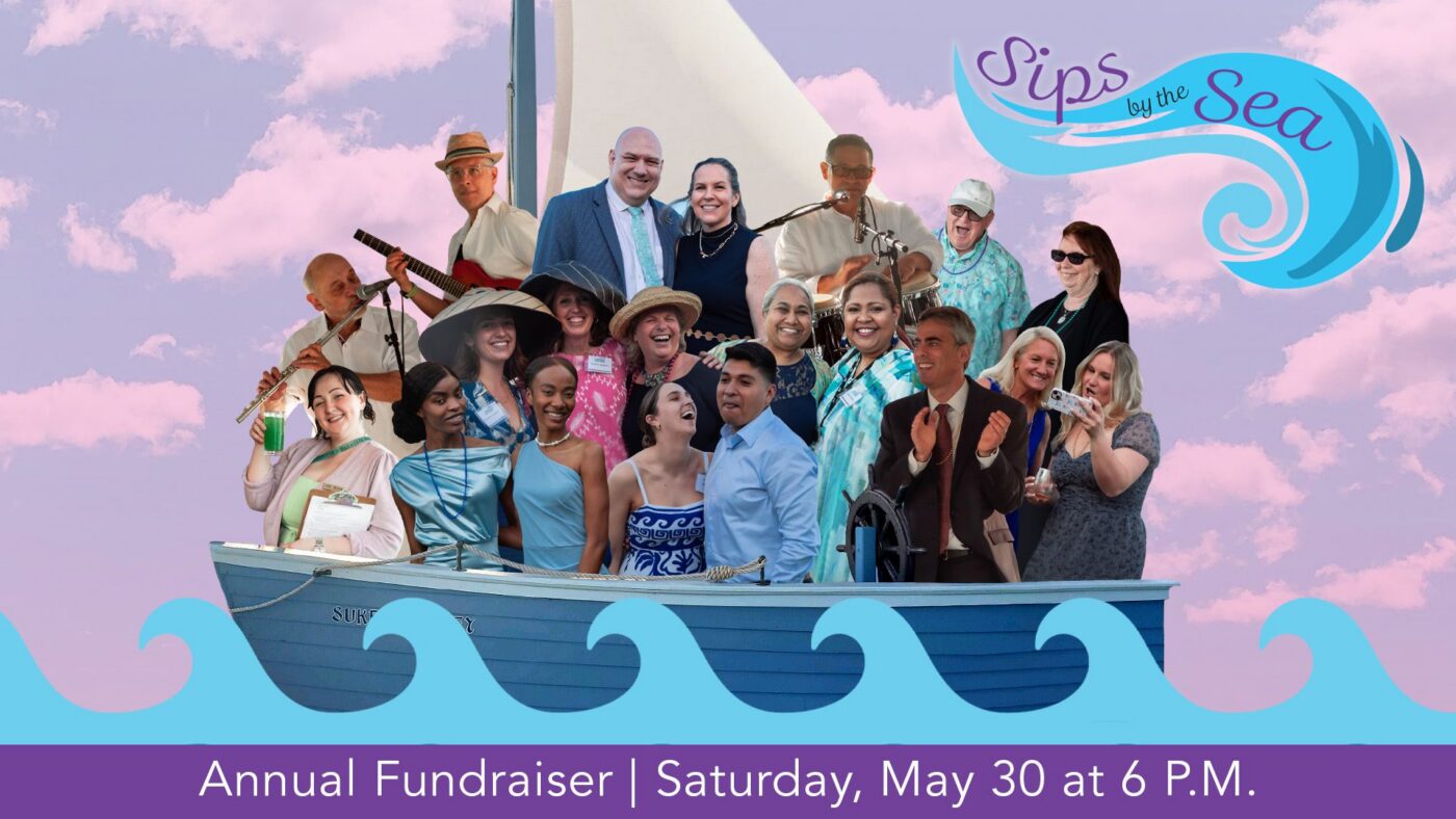 Joyful community members with instruments and drinks gather on a blue boat under pink clouds, celebrating Essex County at "Sips by the Sea.