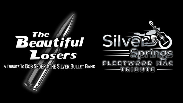 On a bold black backdrop, lively logos for local Essex County tributes—Beautiful Losers and Silver Springs—celebrate music’s spirit.