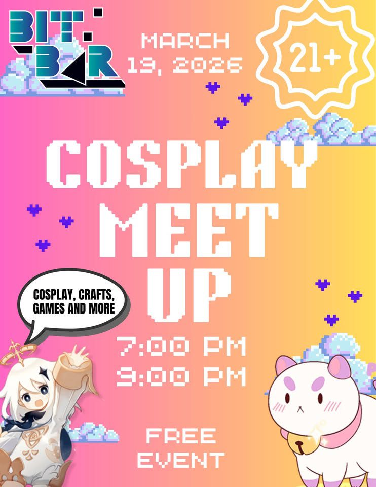 Lively event poster with a pastel gradient, pixel clouds, and playful cartoon characters invites Essex County cosplayers to connect, create, and have fun together—March 13 at Bit Bar.