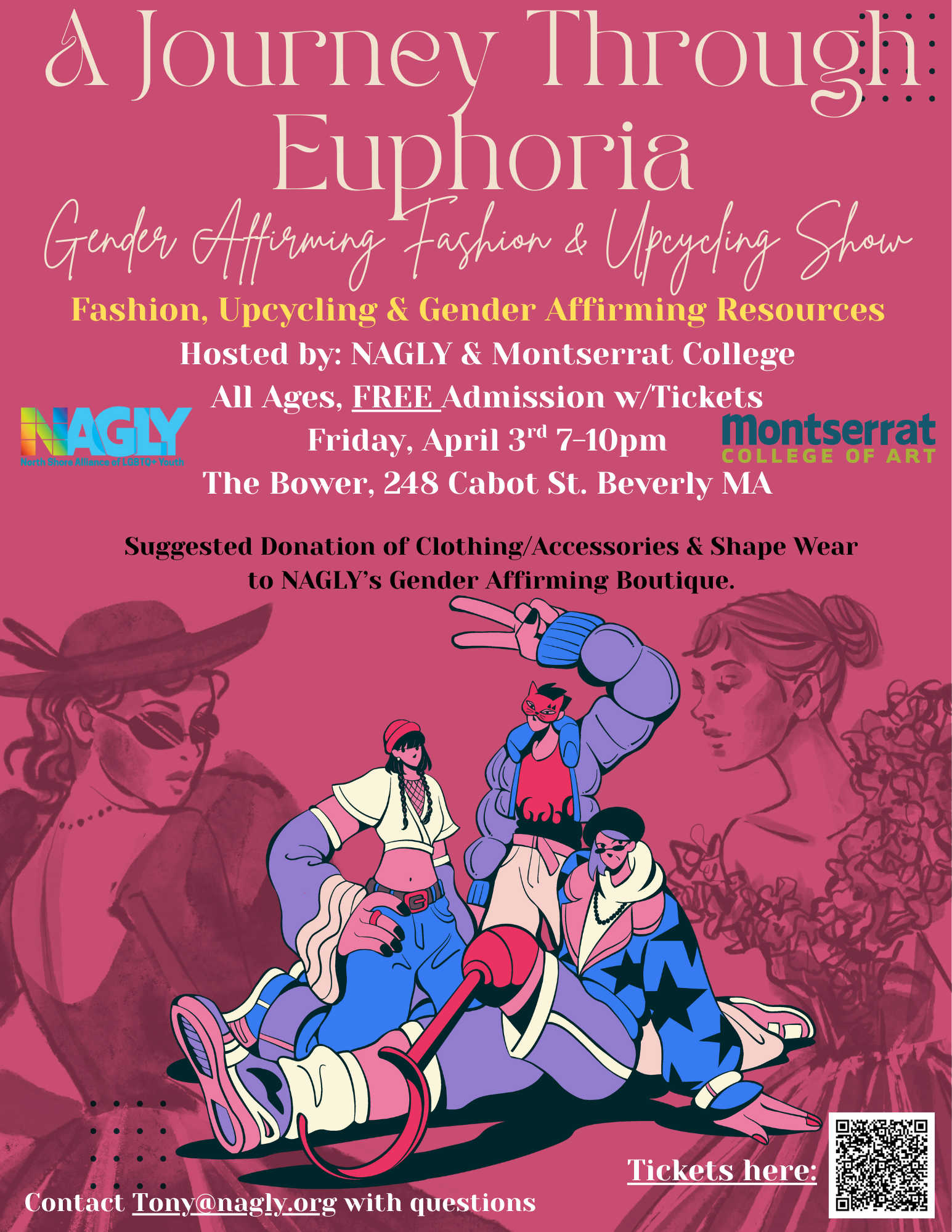 Poster for “A Journey Through Euphoria" fashion and upcycling show, featuring event details, sponsor logos, a pink background, illustrations of diverse people in colorful outfits, and contact information for questions about this vibrant journey.