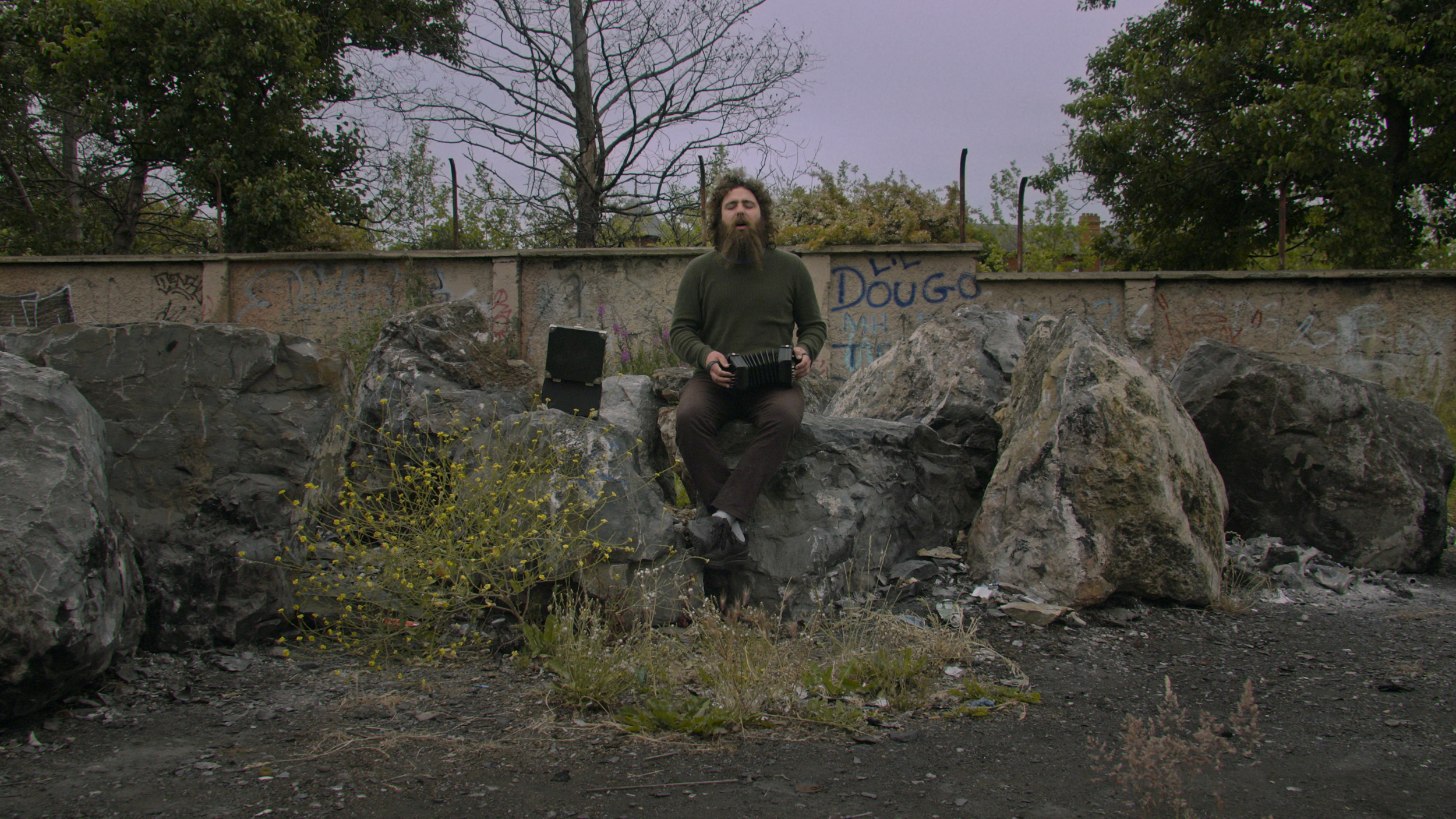 A creative local with a long beard and green sweater, camera ready in hand, brings vibrant energy to Essex County’s urban art scene.