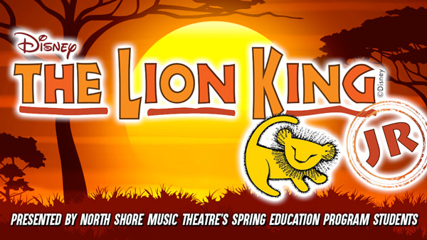 The Lion King Jr. logo shines over an orange sunset as a lion cub celebrates local student talent at North Shore, uniting Essex County.