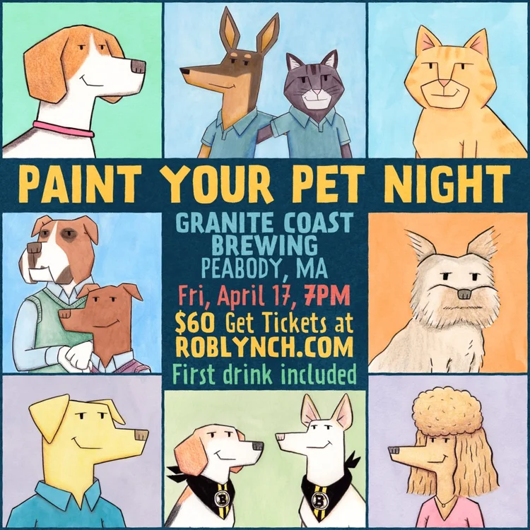 Bright cartoon pet portraits of local cats and dogs invite Essex County to a lively Paint Your Pet Night at Granite Coast Brewing.