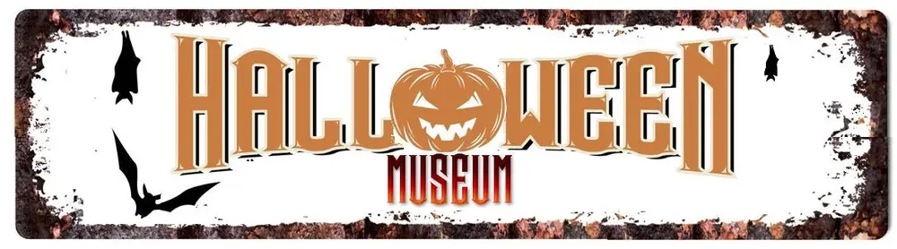 A lively Halloween Museum sign bursting with bold orange-red letters, a pumpkin “O,” and playful black bats—a festive Essex County icon.
