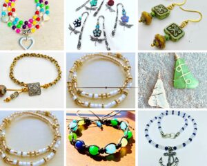 A collage of nine images showcases handmade jewelry—beaded bracelets, dangle earrings, wire-wrapped pendants, and anklets in assorted colors and styles—created in Essex County and perfect for April Vacation 2026.