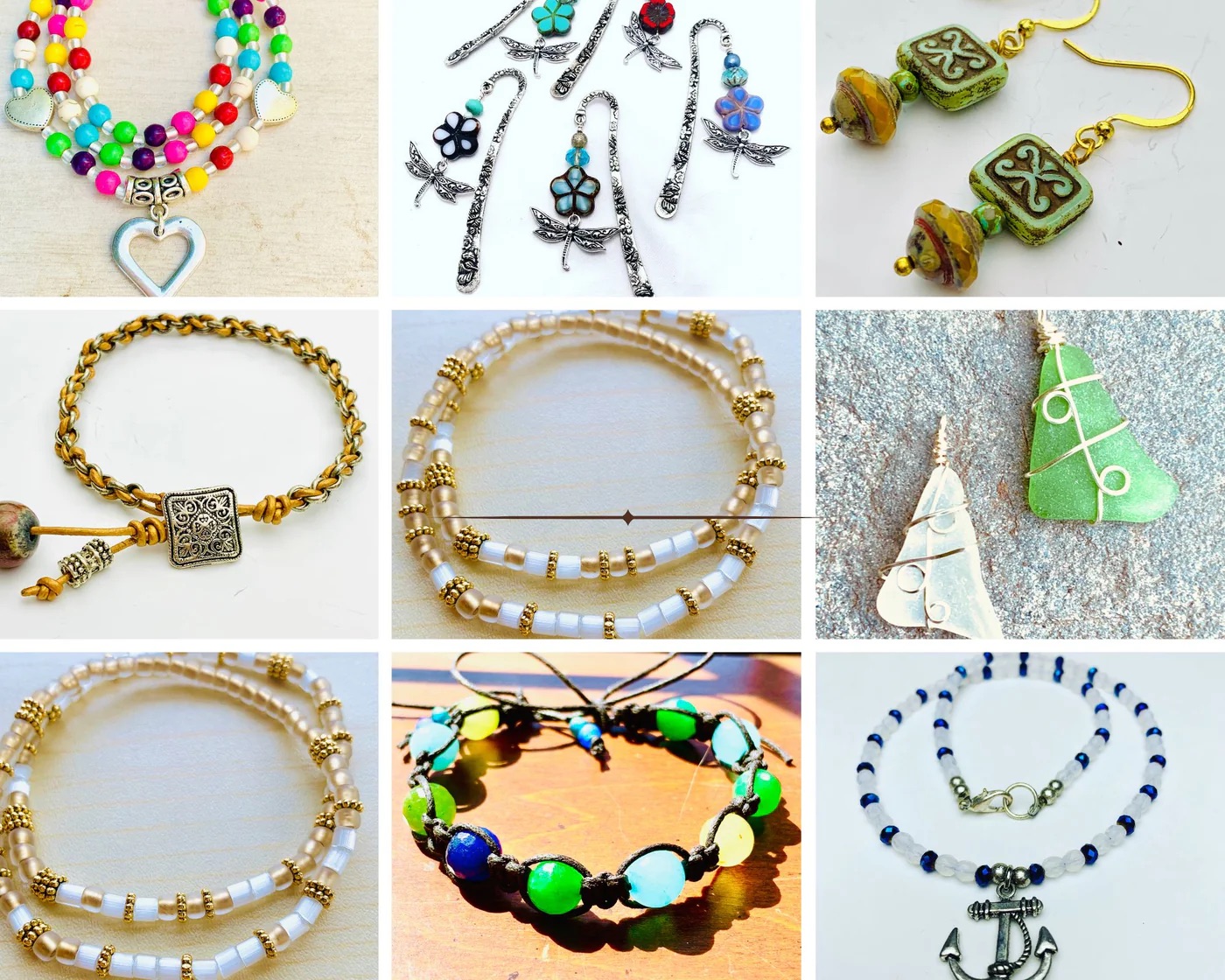 A collage of nine images showing handmade jewelry, including beaded bracelets, metal earrings, and turquoise pendants—perfect inspiration for an April Vacation Jewelry Workshop for kids. All pieces are arranged on light backgrounds.