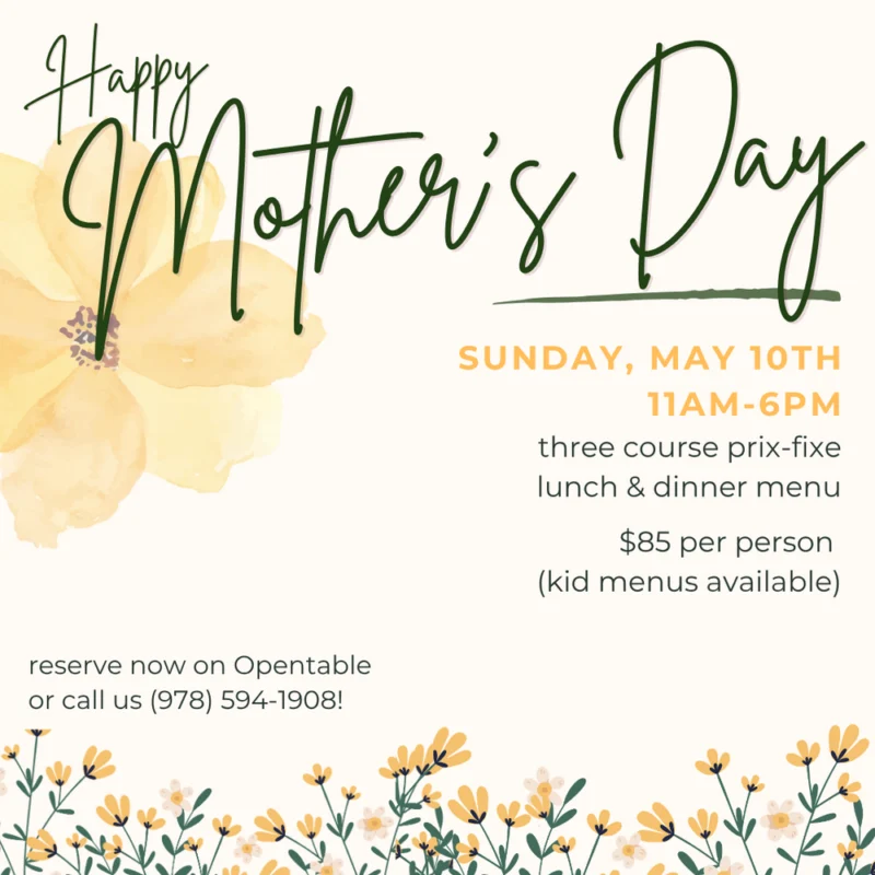 Mother’s Day event flyer with floral designs, featuring large text for "Mother’s Day," lunch or dinner details, event date and time, menu, price, reservation info, and a phone number. Background has yellow flowers and green leaves.