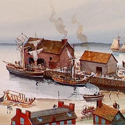 Illustration of a coastal harbor scene with two wooden ships docked near warehouses, people working on the shore, smoke rising from the buildings, and smaller boats in the water.