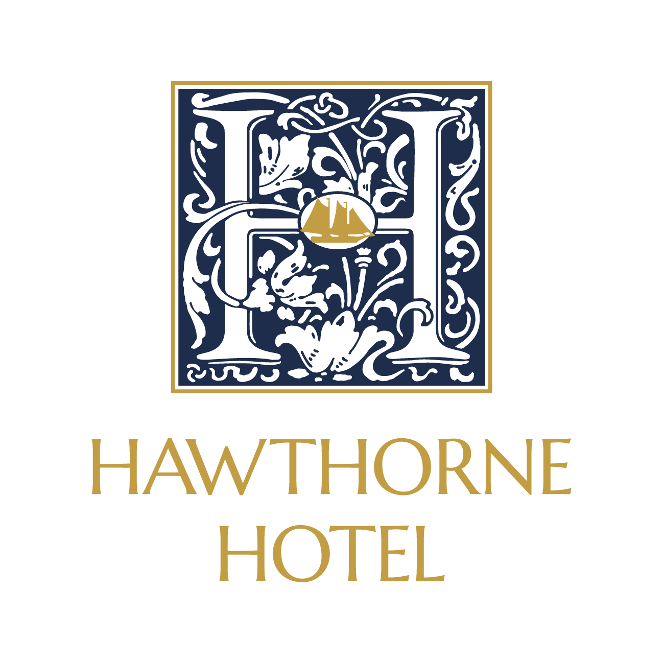 A decorative letter "H" with floral patterns appears above the words "HAWTHORNE HOTEL" written in gold capital letters on a white background, home to Nathaniel's and live entertainment.