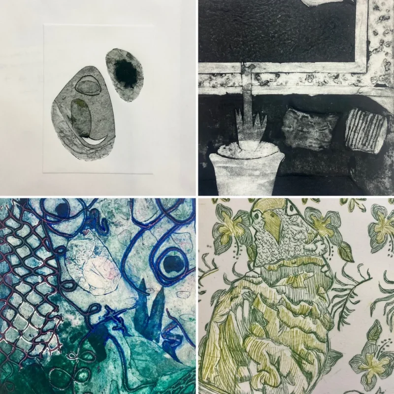 A collage of four abstract artworks: top left shows overlapping oval shapes; top right depicts objects on a table in grayscale; bottom left features blue-green patterns with a net; bottom right illustrates a patterned bird with green floral details.