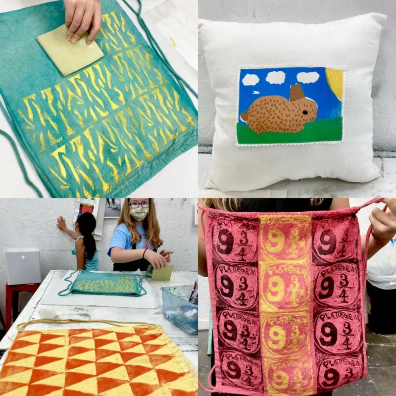 A collage of four images showing handmade crafts: a teal apron with yellow prints, a white pillow with a brown animal design, kids working at a table, and a pink apron with circular prints and the number 9.