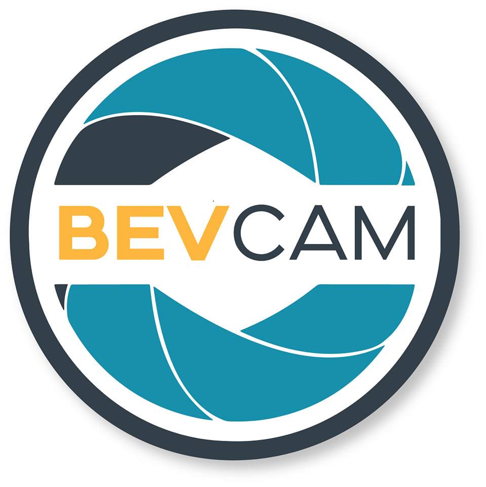 A circular logo with stylized blue and dark gray camera shutter shapes and the text "BEV" in yellow and "CAM" in black capital letters, representing podcast production, is featured across the center on a white background.